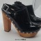 Round Toe Chunky Wooden Heels Rivet Decorated Platforms Slingback Pumps - Black Patent