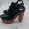 Round Toe Chunky Wooden Heels Rivet Decorated Platforms Slingback Pumps - Black Patent