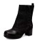 Round Toe Chunky Heels Vertical Rivet Side Zipper Patchwork Ankle Highs Boots - Black Denim