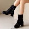 Round Toe Chunky Heels Vertical Rivet Side Zipper Patchwork Ankle Highs Boots - Black Denim