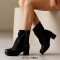 Round Toe Chunky Heels Vertical Rivet Side Zipper Patchwork Ankle Highs Boots - Black Denim