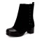 Round Toe Chunky Heels Vertical Rivet Side Zipper Patchwork Ankle Highs Boots - Black Flock