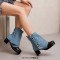Round Toe Chunky Heels Vertical Rivet Side Zipper Patchwork Ankle Highs Boots - SkyBlue Denim