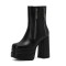 Square Toe Side Zipper Double Platforms Chunky Heels Ankle Highs Booties - Black Faux Leather