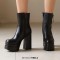 Square Toe Side Zipper Double Platforms Chunky Heels Ankle Highs Booties - Black Faux Leather