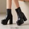 Square Toe Side Zipper Double Platforms Chunky Heels Ankle Highs Booties - Black Faux Leather