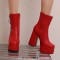 Square Toe Side Zipper Double Platforms Chunky Heels Ankle Highs Booties - Red Faux Leather