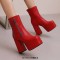 Square Toe Side Zipper Double Platforms Chunky Heels Ankle Highs Booties - Red Faux Leather