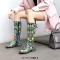 Round Toe Winter Style Chunky Heels Snake Print Knee Highs Zipper Boots - Blue Faux Leather