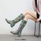 Round Toe Winter Style Chunky Heels Snake Print Knee Highs Zipper Boots - Blue Faux Leather