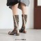 Round Toe Winter Style Chunky Heels Snake Print Knee Highs Zipper Boots - Brown Faux Leather