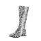Round Toe Winter Style Chunky Heels Snake Print Knee Highs Zipper Boots - White Faux Leather