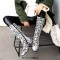 Round Toe Winter Style Chunky Heels Snake Print Knee Highs Zipper Boots - White Faux Leather