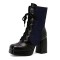 Square Toe Denim Patchwork Cross Tie Side Zipper Chunky Heels Boots - Black Faux Leather
