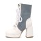 Square Toe Denim Patchwork Cross Tie Side Zipper Chunky Heels Boots - White Faux Leather