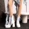 Square Toe Denim Patchwork Cross Tie Side Zipper Chunky Heels Boots - White Faux Leather