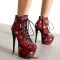 Round Toe Stiletto Heels Printed Platforms Lace Up Side Zipper Ankle Highs Boots - Red Fabric