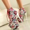 Round Toe Stiletto Heels Printed Platforms Lace Up Side Zipper Ankle Highs Boots - White Fabric