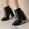 Autumn Winter Pointed Toe Back Zipper Ankle Highs Rustic Style Elegant Chunky Heels Booties - Black Faux Leather