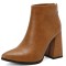 Autumn Winter Pointed Toe Back Zipper Ankle Highs Rustic Style Elegant Chunky Heels Booties - Brown Faux Leather