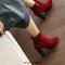 Autumn Winter Pointed Toe Side Zipper Ankle Highs Rustic Style Elegant Chunky Heels Booties - Wine Red Flock
