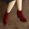 Autumn Winter Pointed Toe Side Zipper Ankle Highs Rustic Style Elegant Chunky Heels Booties - Wine Red Flock