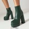 Square Toe Chunky Heels Double Layer Platforms Side Zipper Boots - Green Faux Leather