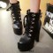 Round Toe Cuban Heels Low Platforms Ankle Highs  Lace Up Booties - Black Faux Leather