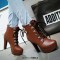 Round Toe Cuban Heels Low Platforms Ankle Highs  Lace Up Booties - Brown Faux Leather