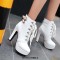 Round Toe Cuban Heels Low Platforms Ankle Highs  Lace Up Booties - White Faux Leather