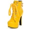 Round Toe Cuban Heels Low Platforms Ankle Highs  Lace Up Booties - Yellow Faux Leather