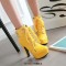 Round Toe Cuban Heels Low Platforms Ankle Highs  Lace Up Booties - Yellow Faux Leather