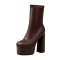 Round Toe Back Zipper Platforms Ankle Highs Chunky Heels Boots - Brown Faux Leather