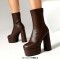 Round Toe Back Zipper Platforms Ankle Highs Chunky Heels Boots - Brown Faux Leather