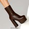 Round Toe Back Zipper Platforms Ankle Highs Chunky Heels Boots - Brown Faux Leather