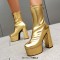 Round Toe Back Zipper Platforms Ankle Highs Chunky Heels Boots - Gold Faux Leather