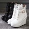 Round Toe Low Platforms Ankle Straps Lace Up Wedges Booties - Black Faux Leather