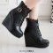 Round Toe Low Platforms Ankle Straps Lace Up Wedges Booties - Black Faux Leather