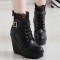 Round Toe Low Platforms Ankle Straps Lace Up Wedges Booties - Black Faux Leather