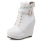 Round Toe Low Platforms Ankle Straps Lace Up Wedges Booties - White Faux Leather