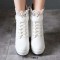 Round Toe Low Platforms Ankle Straps Lace Up Wedges Booties - White Faux Leather