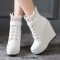 Round Toe Low Platforms Ankle Straps Lace Up Wedges Booties - White Faux Leather