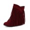 Round Toe Ankle Highs Fringed Flats Boots - Wine Flock