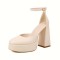 Round Toe Chunky Heels Classic Ankle Buckle Straps Platforms Pumps - Beige Faux Leather