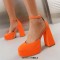 Round Toe Chunky Heels Classic Ankle Buckle Straps Platforms Pumps - Orange Faux Leather