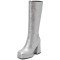 Square Toe Chunky Heels Low Platforms Knee Highs Zipper  Booties - Silver Faux Leather