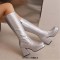 Square Toe Chunky Heels Low Platforms Knee Highs Zipper  Booties - Silver Faux Leather