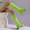 Square Toe Chunky Heels Low Platforms Knee Highs Zipper Pastel Color Booties - Green Faux Leather