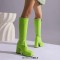 Square Toe Chunky Heels Low Platforms Knee Highs Zipper Pastel Color Booties - Green Faux Leather