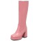 Square Toe Chunky Heels Low Platforms Knee Highs Zipper Pastel Color Booties - Pink Faux Leather